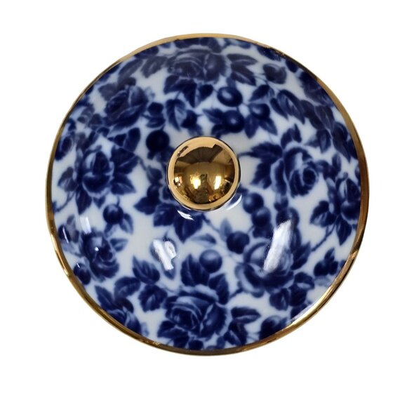 Vintage Royal Danube Calico Flow Cobalt Blue Roses Sugar Bowl Candy Dish w/ Lid - Picture 4 of 12